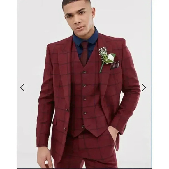 ASOS DESIGN wedding skinny suit jacket in burgundy wool mix check - Picture 1 of 8